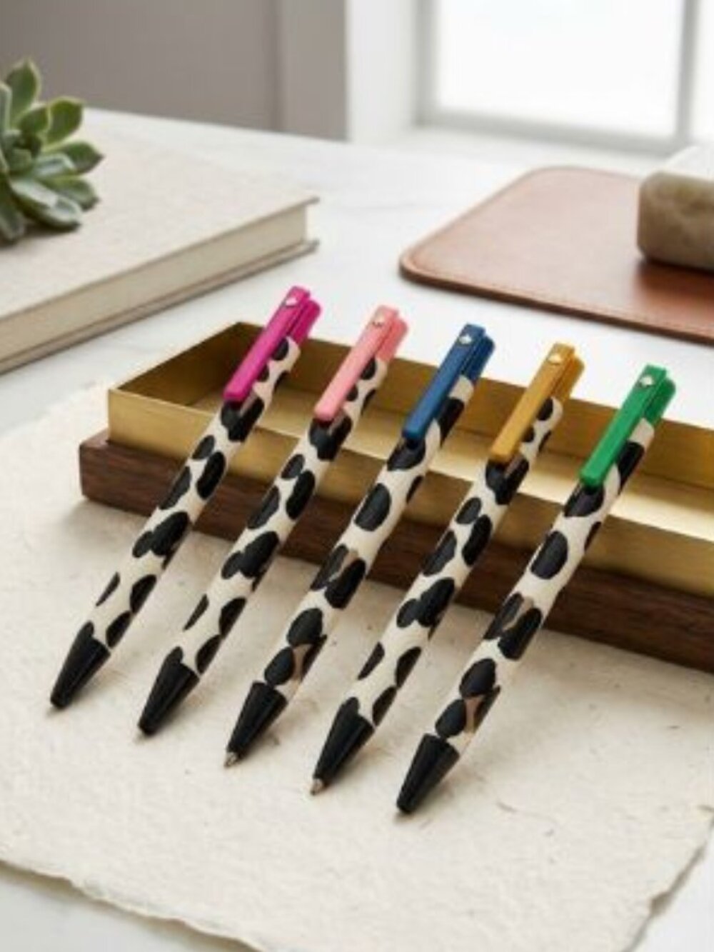 NIB SET 5 KATE SPADE FOREST FELINE CLICK PEN SET Black Ink